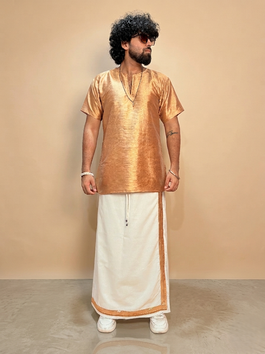 Men White Color With Copper Zari & beige Stripe Pajamalungi