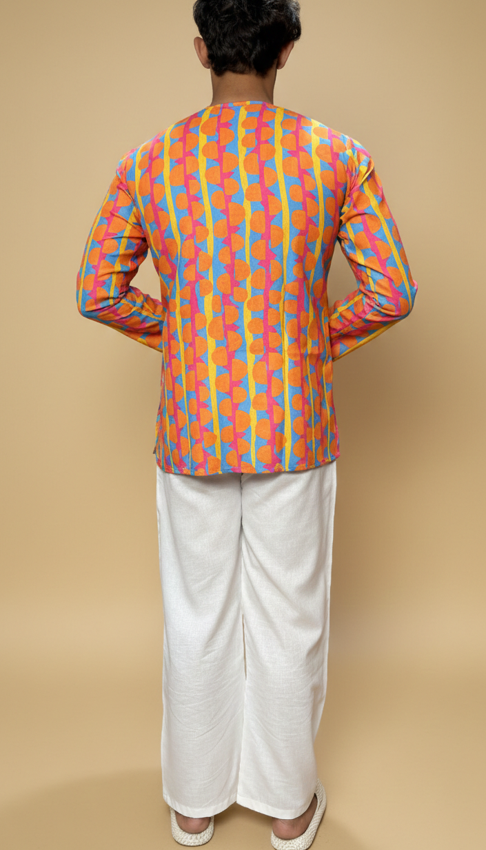 Men Retro Geometric Print Band Collar Kurta