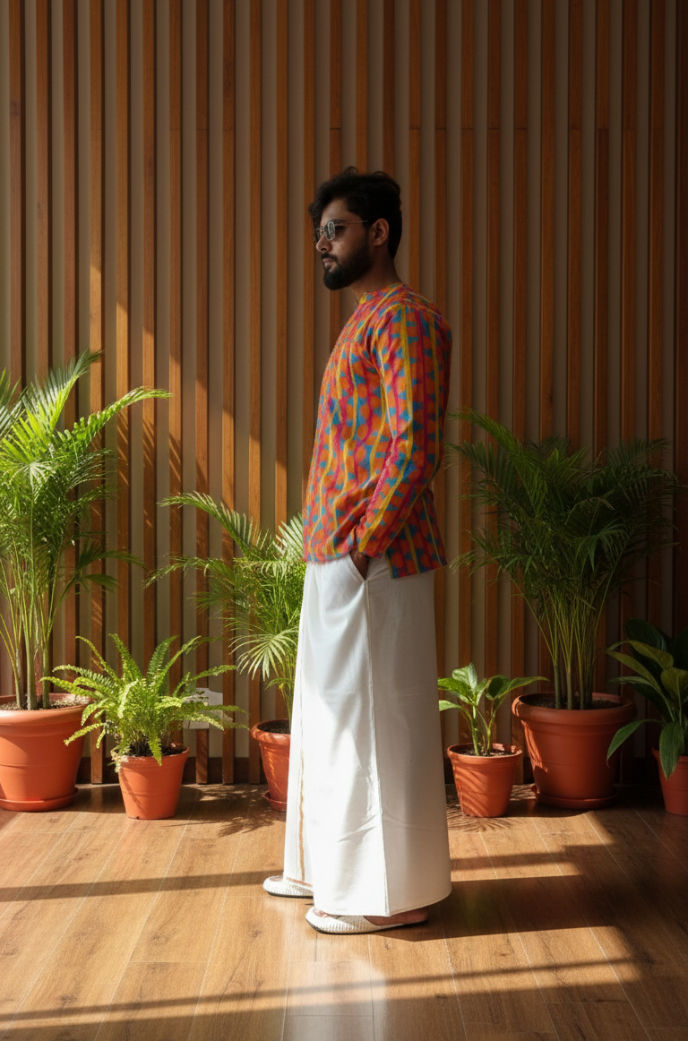 Men Retro Geometric Print Band Collar Kurta