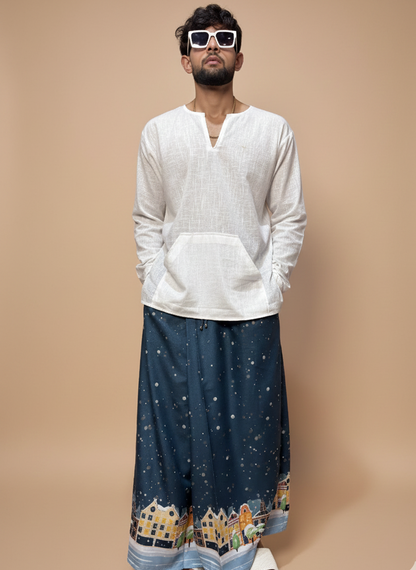 Men Blue Snow-City Print Pajamalungi