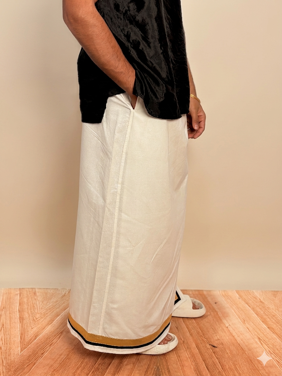 Men White Color With Golden Zari & Black Stripe Pajamalungi