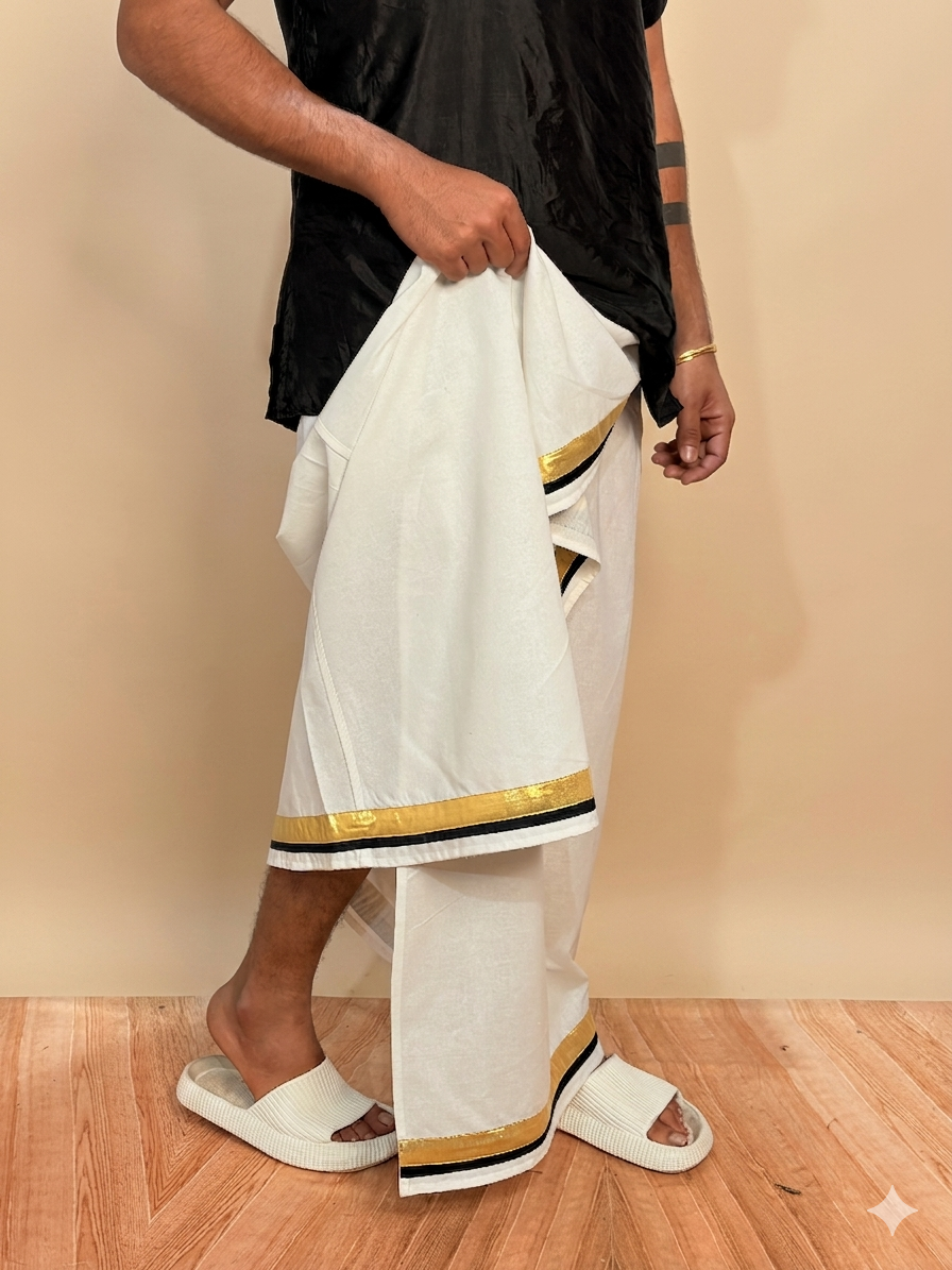 Men White Color With Golden Zari & Black Stripe Pajamalungi