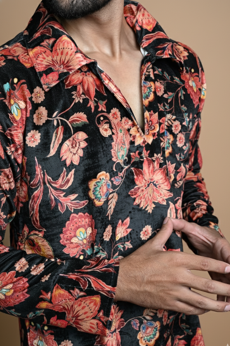 Digital Print Multicolor Velvet Kurta For Men