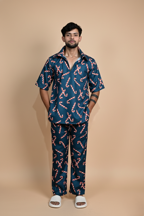 Dark Teal Candy Cane Digita Print Kurta For Men