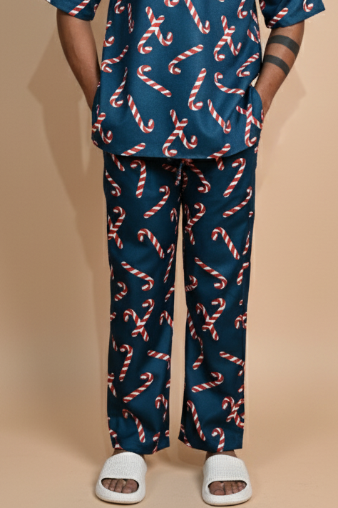 Dark Teal Candy Cane Digital Print Pajama For Men's