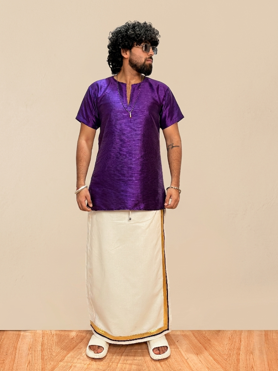 Men White Color With Golden Zari & Purple Stripe Pajamalungi