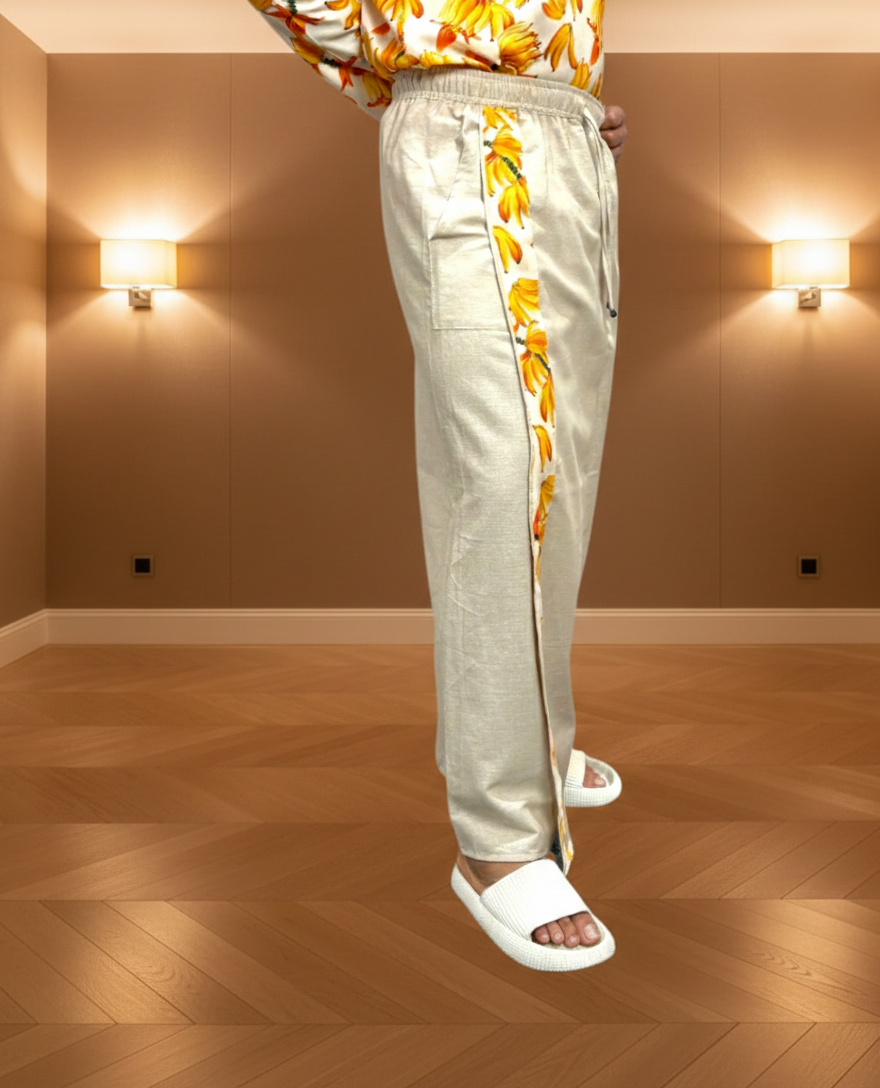Men's Beige Color  With Banana Print Stripe Pajamalungi