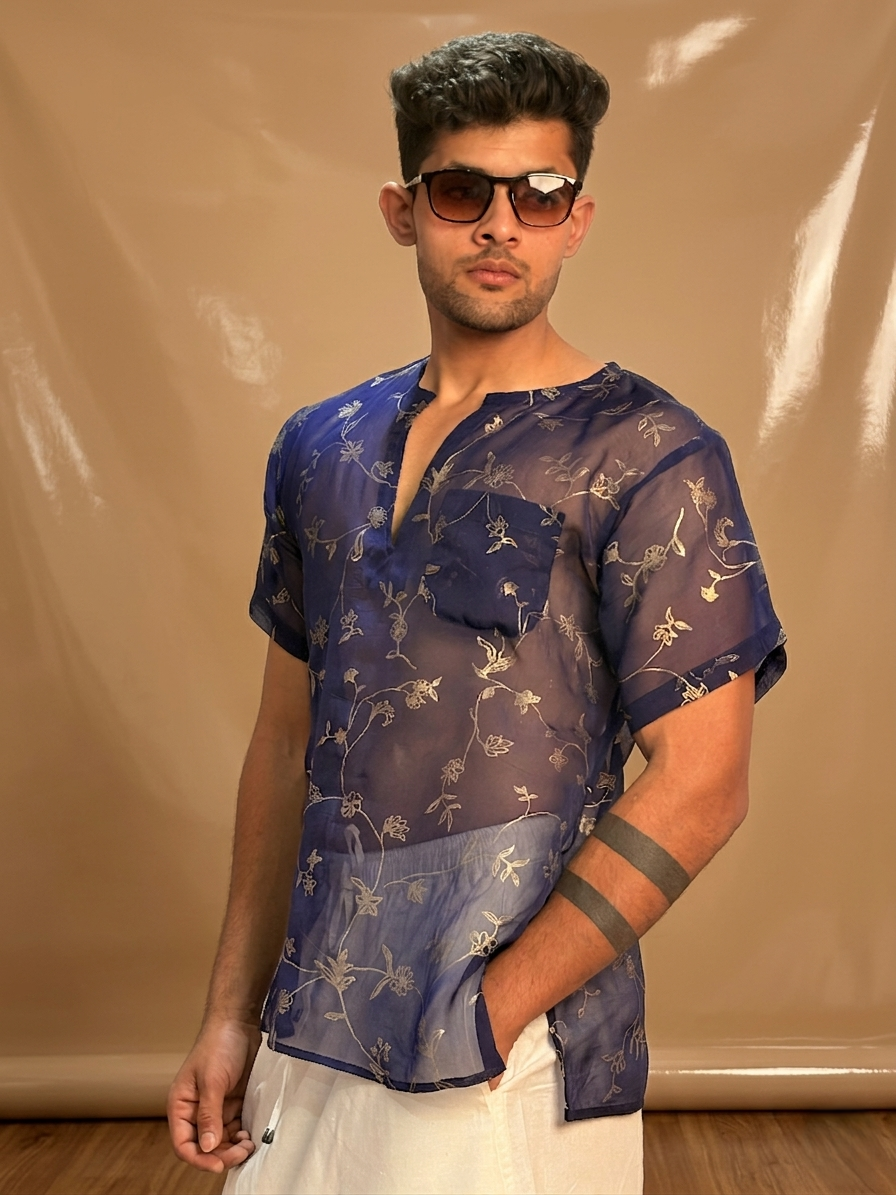 Men Silk Navy Blue Colour Kurta.