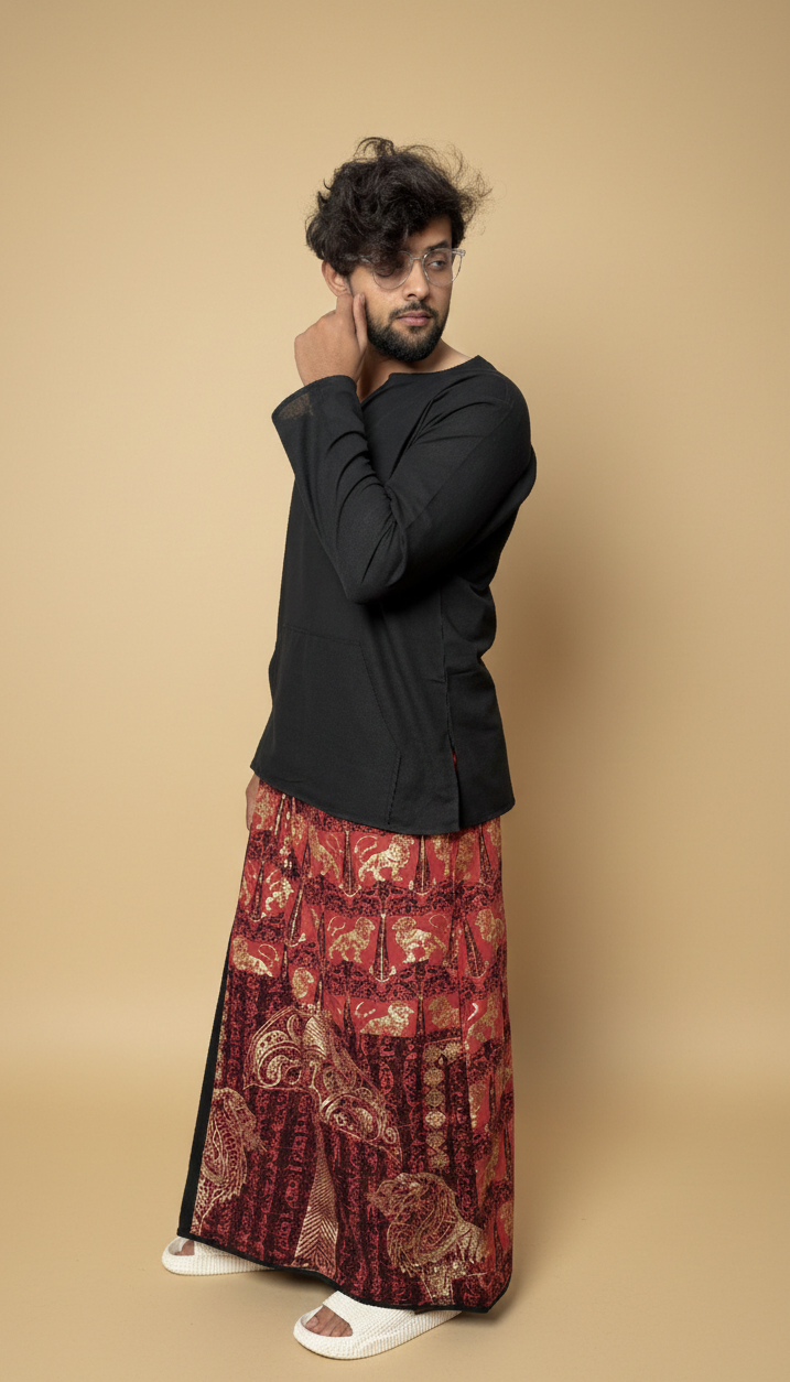 Men Red & black Stripe Lion foil print Motif Cotton Pajamalungi