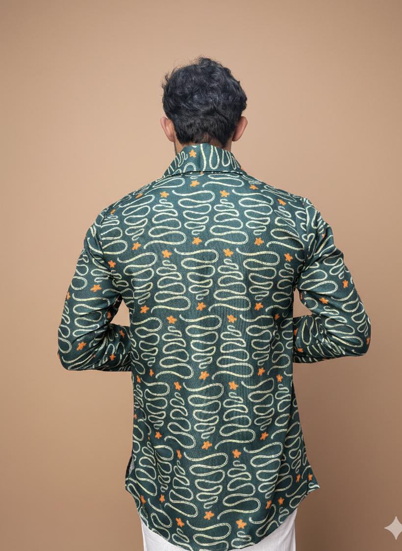 Men Green Designer Printed Kurta