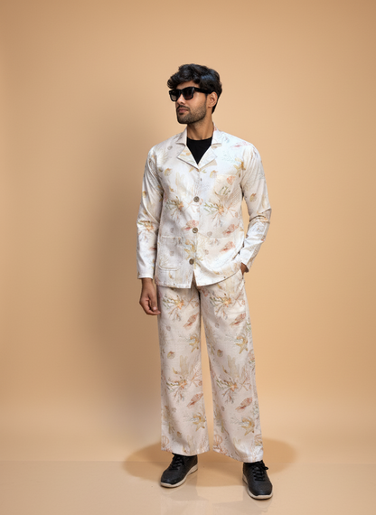 Cream floral Digital printed Blazer for Men's