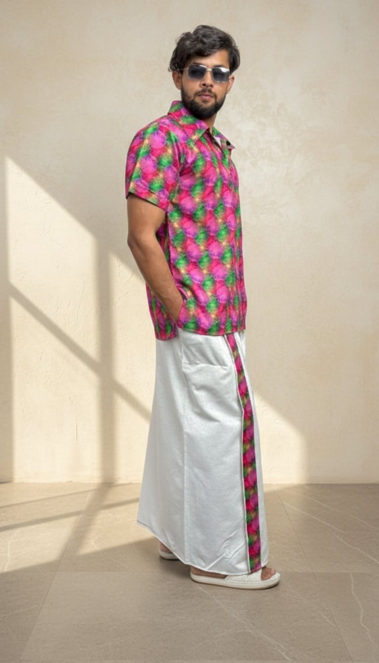 Men Geometric Floral Print Shirt-Collar Kurta