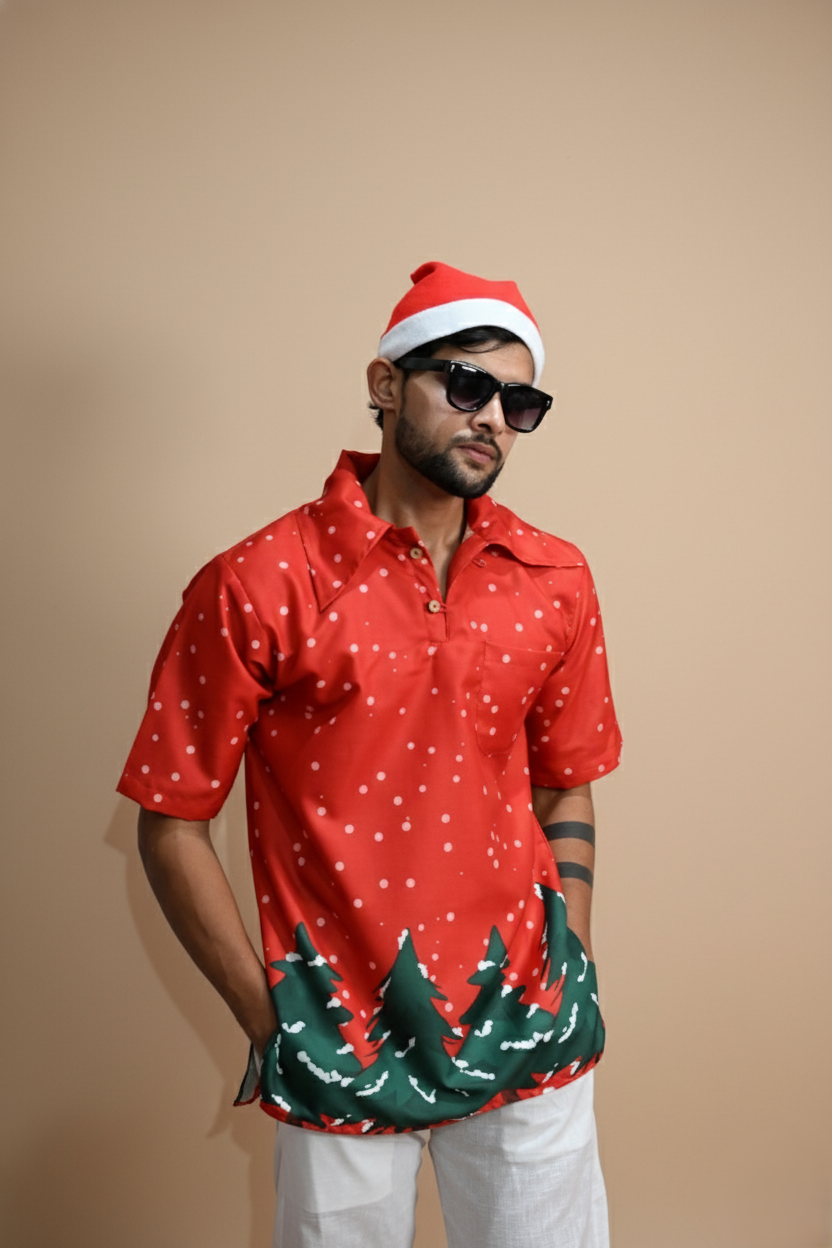 Red Tree Line Kurta For Men