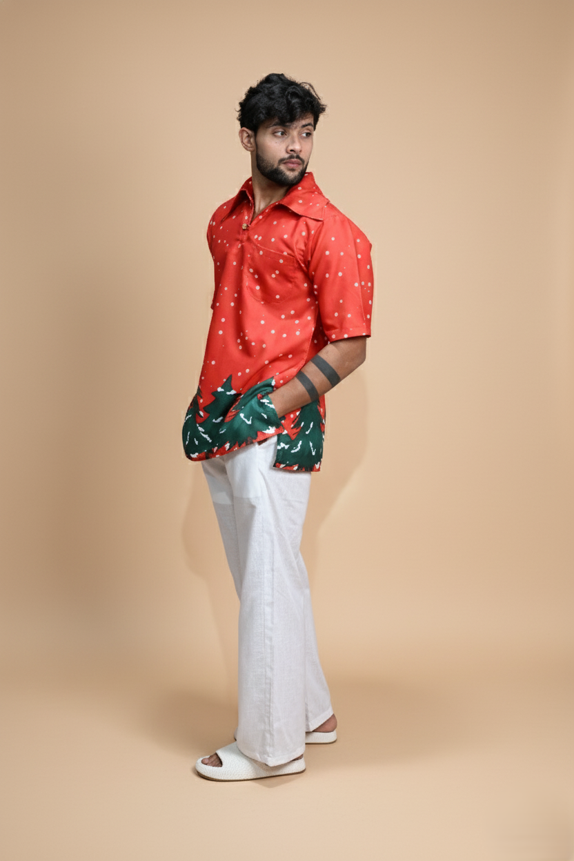 Red Tree Line Kurta For Men