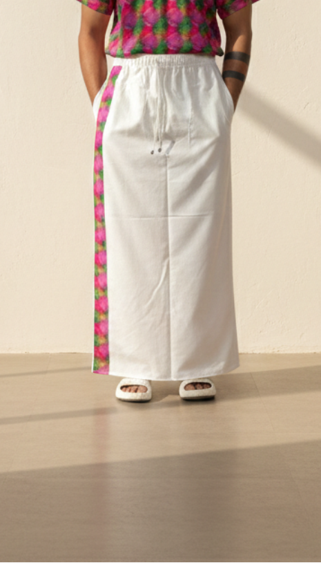 Men's White Cotton Printed Side Stripe Pajamalungi