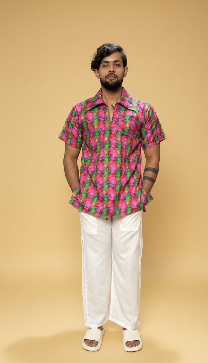 Men Geometric Floral Print Shirt-Collar Kurta