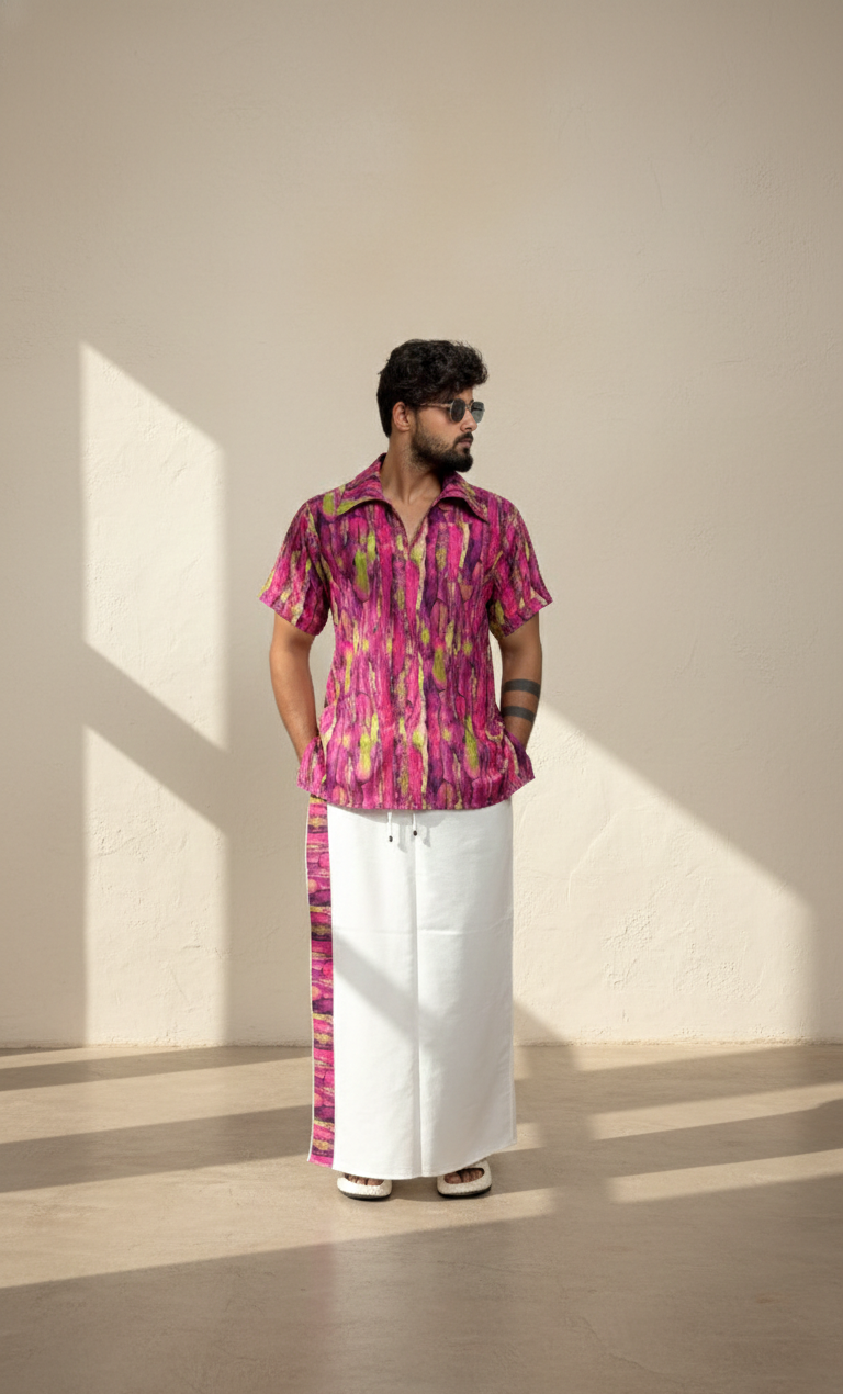 Men Marble Effect Abstract Print Shirt-Collar Kurta