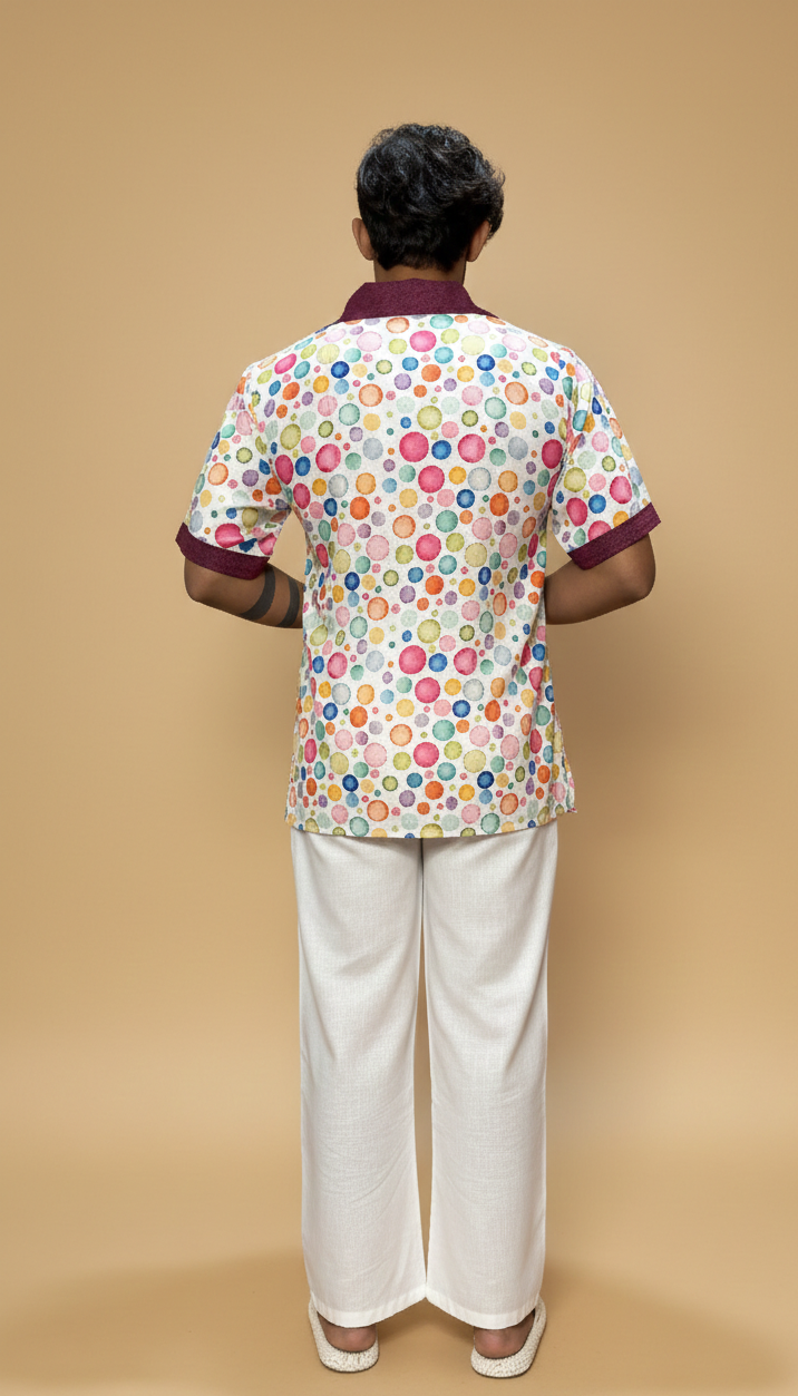 Men Contrast Collar Polka Dot Print Kurta