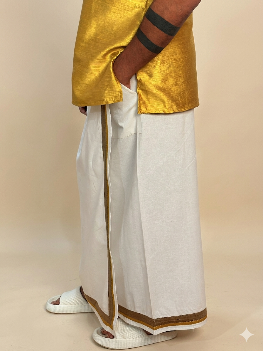 Men White Color With Copper Zari & Mustard Yellow Stripe Pajamalungi