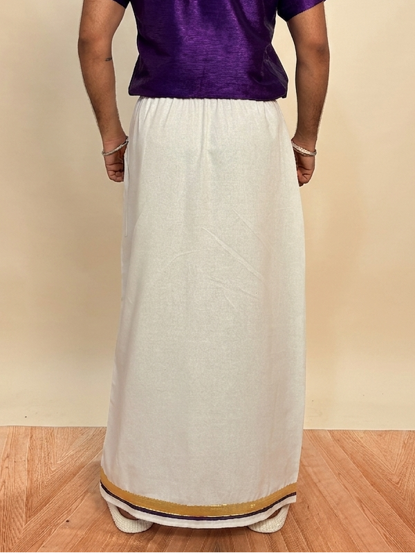 Men White Color With Golden Zari & Purple Stripe Pajamalungi