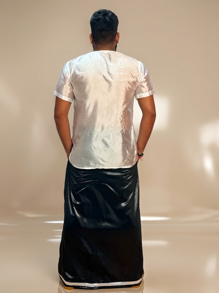 Men Black zari pajamalungi  With Silver Zari Stripe - Disco Pajamalungi