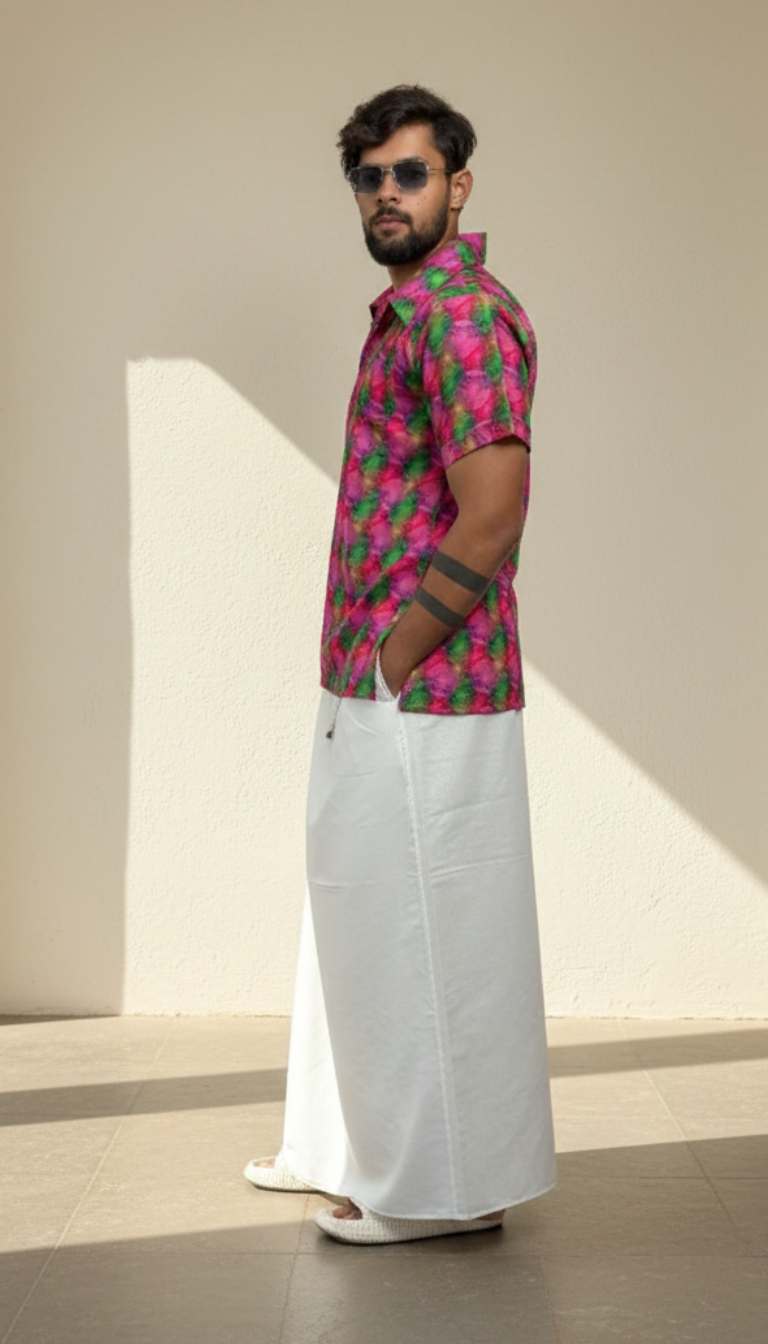 Men's White Cotton Printed Side Stripe Pajamalungi