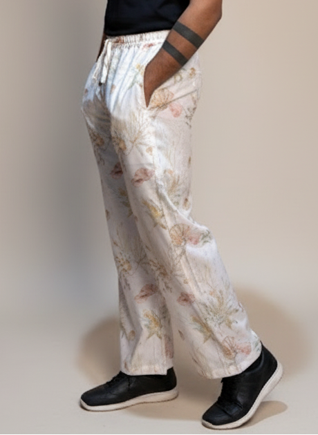 Floral Cream digital print poly linen pajama for men's