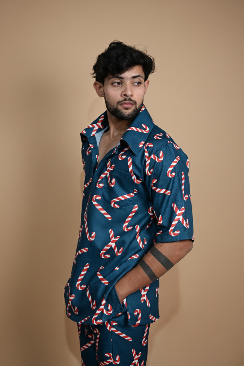 Dark Teal Candy Cane Digita Print Kurta For Men