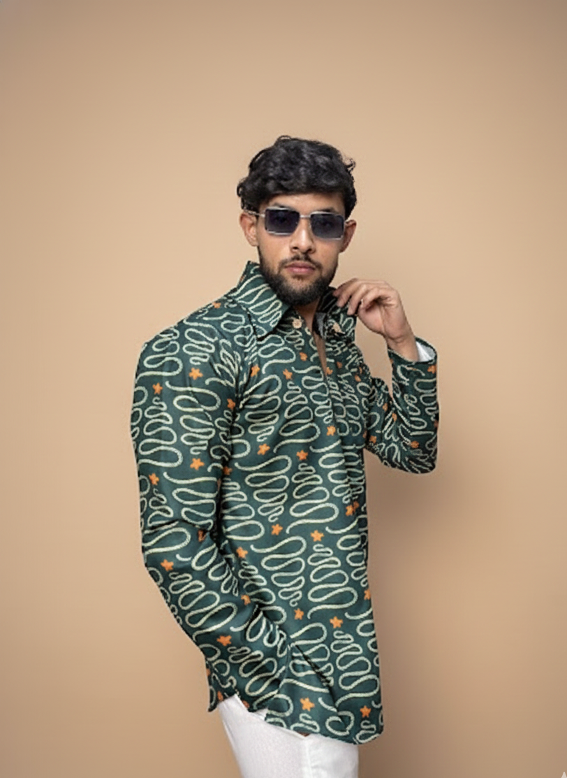 Men Green Designer Printed Kurta
