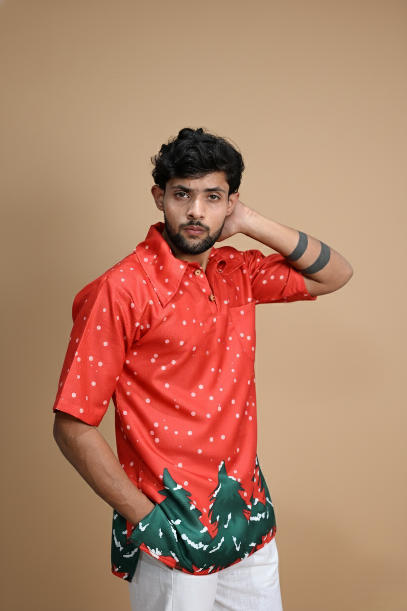 Red Tree Line Kurta For Men