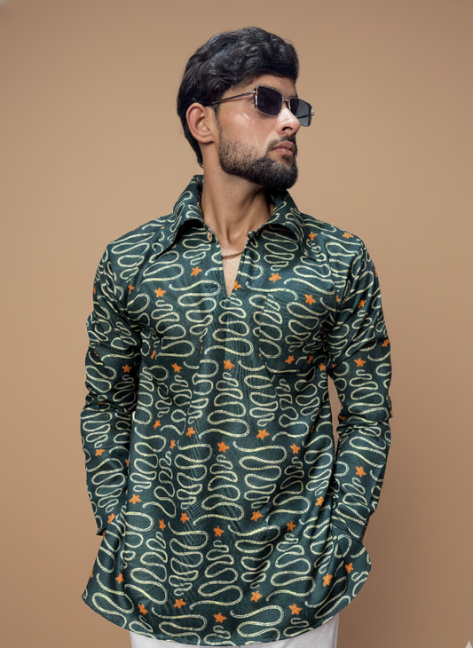 Men Green Designer Printed Kurta