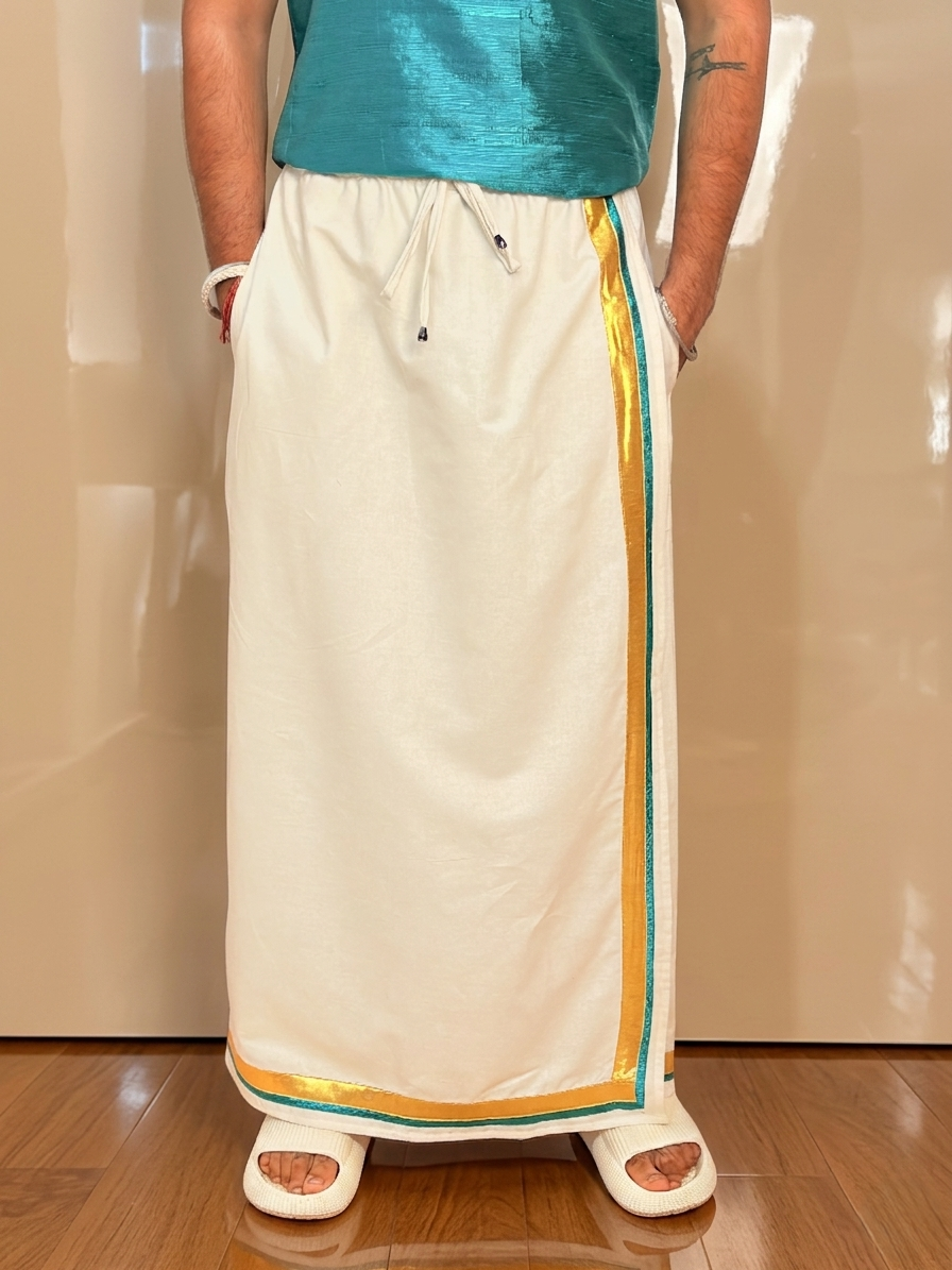 Men White Color With Golden Zari & Ramagreen Stripe Pajamalungi