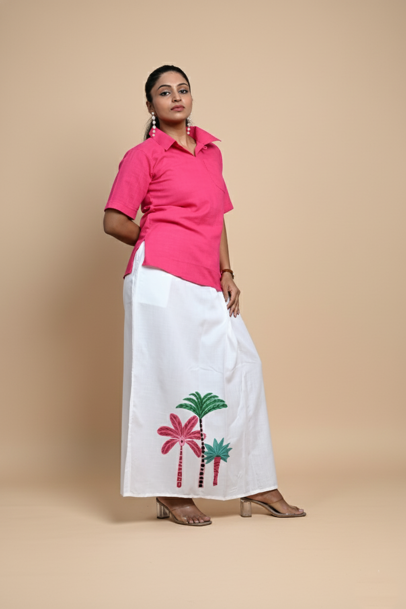 Women Coconut Tree Printed White Pajamalungi