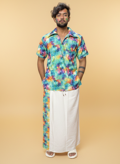 Men White Pajamalungi With Multicolor Stripe