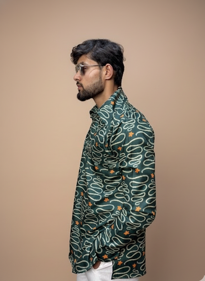 Men Green Designer Printed Kurta