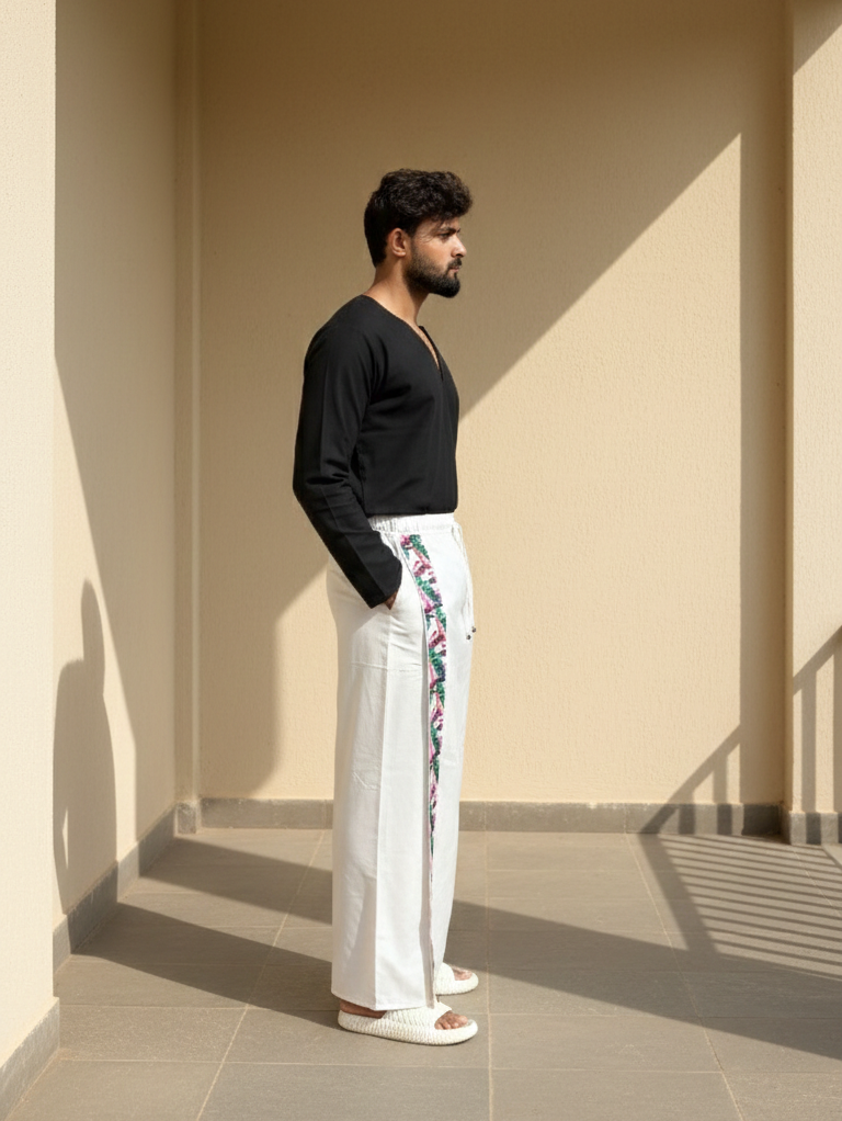 Men's White Tropical Leaf Stripe Pajamalungi