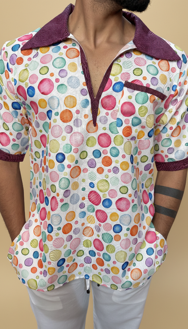 Men Contrast Collar Polka Dot Print Kurta