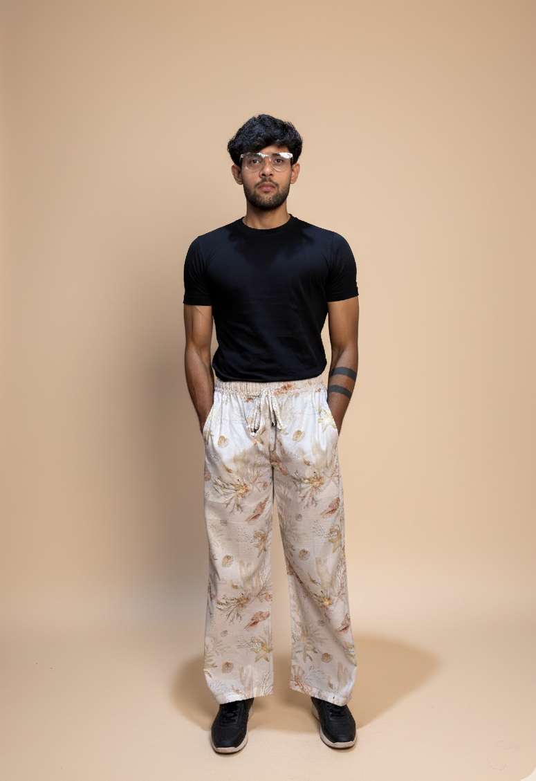 Floral Cream digital print poly linen pajama for men