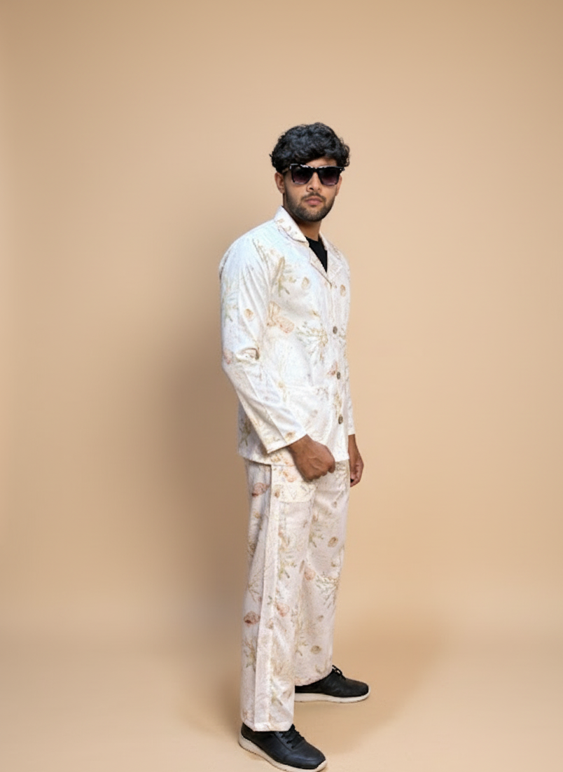 Cream floral Digital printed Blazer for Men