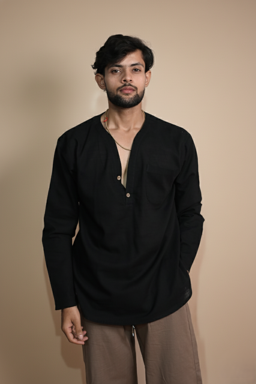 Cotton Black Color Full Sleeve Kurta For Men