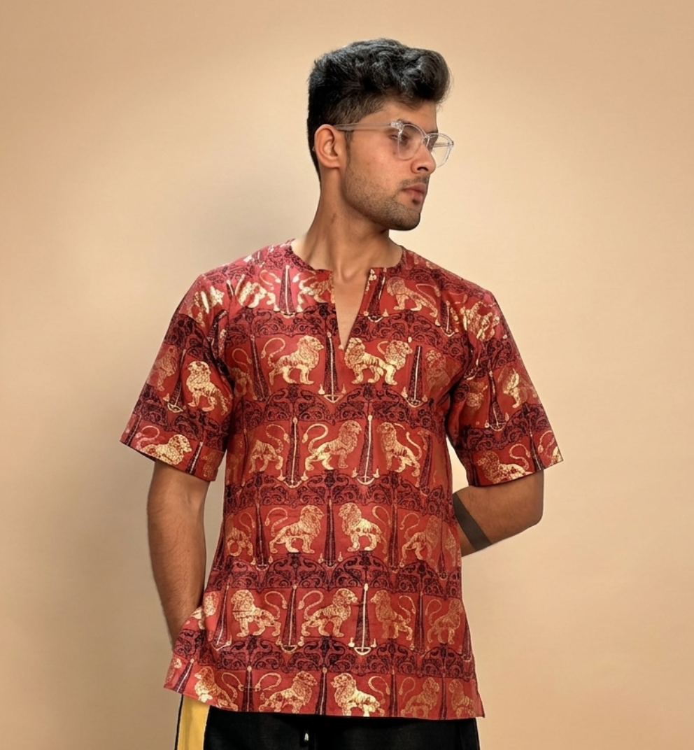 Mens Royal Foil  Lion Print Kurta