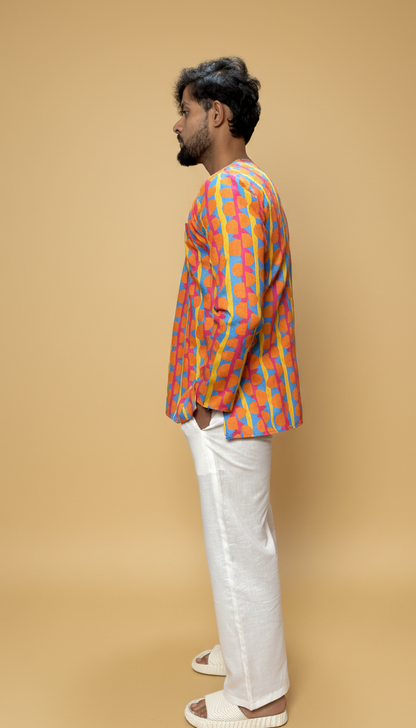 Men Retro Geometric Print Band Collar Kurta