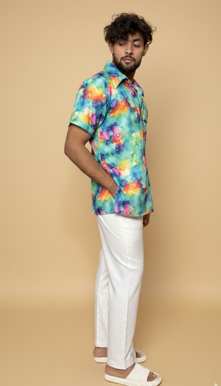 Men Short Sleeve Shirt-Collar Abstract Print Kurta