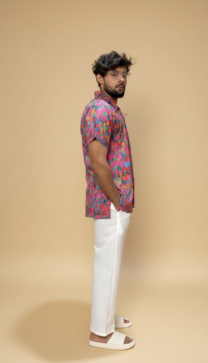 Men Abstract Ikat Dot Print Shirt-Collar Kurta