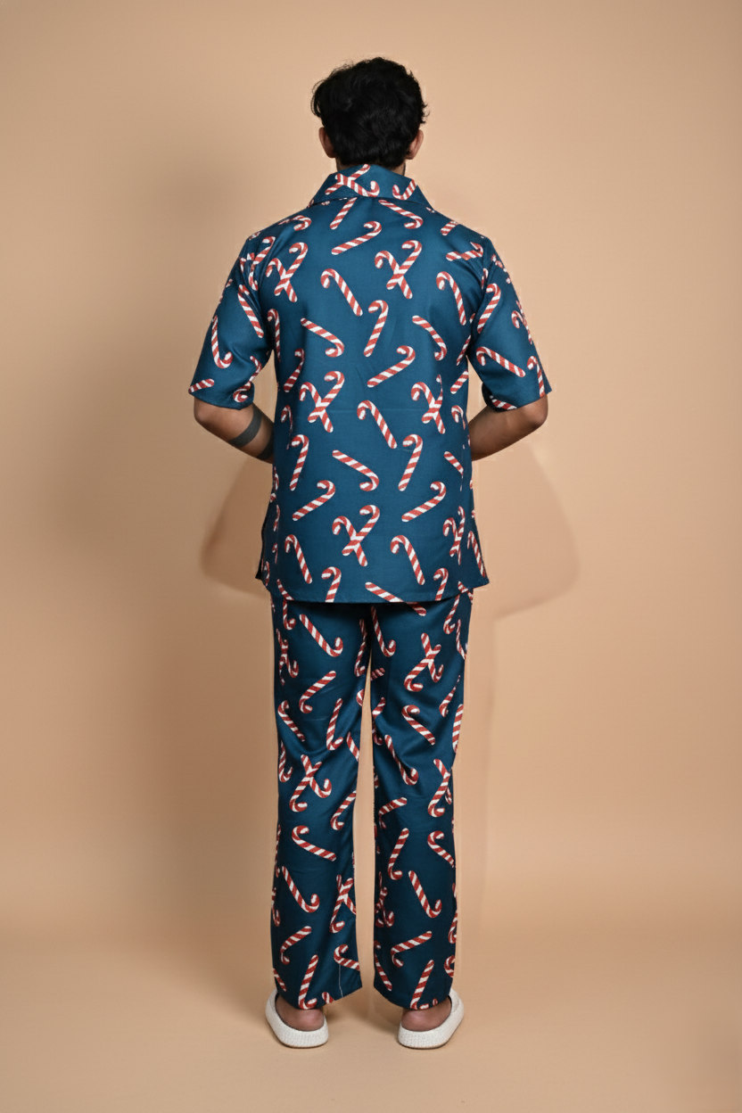 Dark Teal Candy Cane Digita Print Kurta For Men