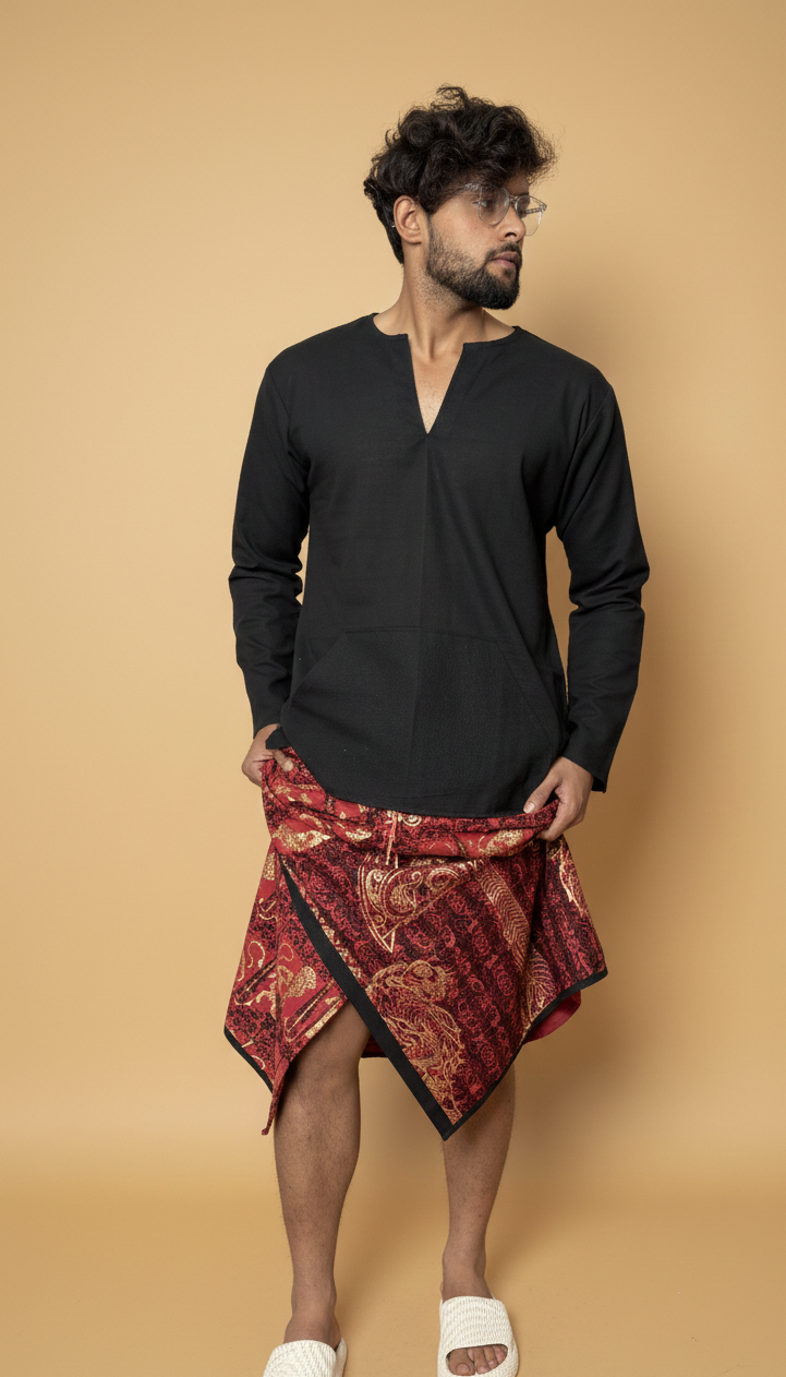 Men Red & black Stripe Lion foil print Motif Cotton Pajamalungi