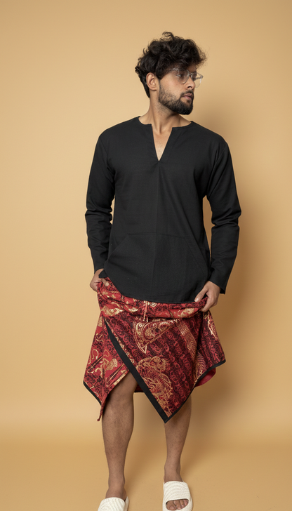 Men Red & black Stripe Lion foil print Motif Cotton Pajamalungi