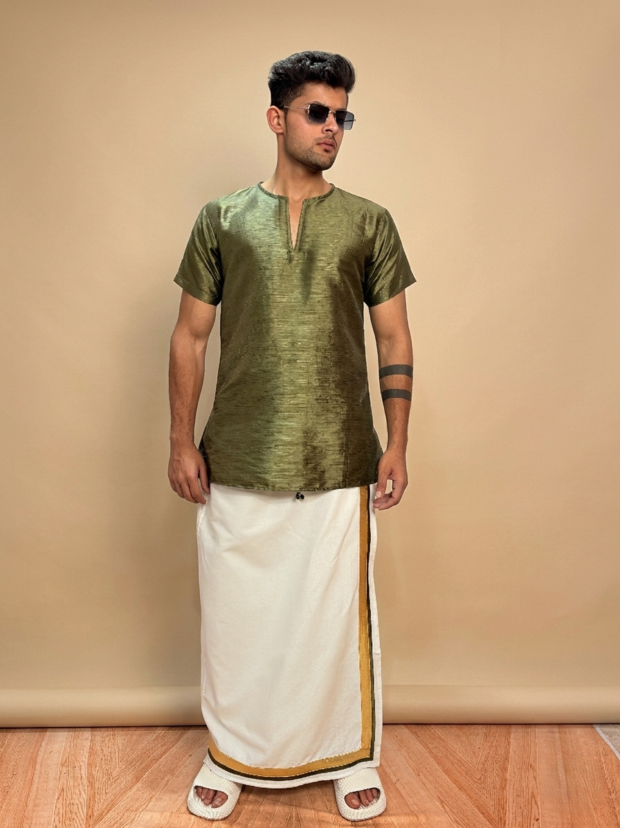 Men White Color With Golden Zari & Green Stripe Pajamalungi