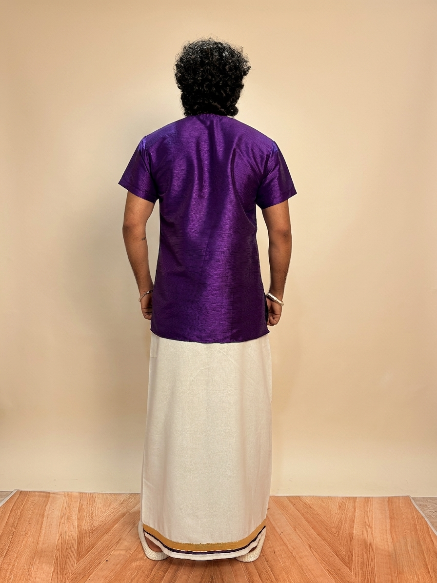 Men White Color With Golden Zari & Purple Stripe Pajamalungi