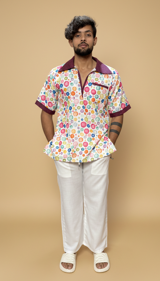 Men Contrast Collar Polka Dot Print Kurta